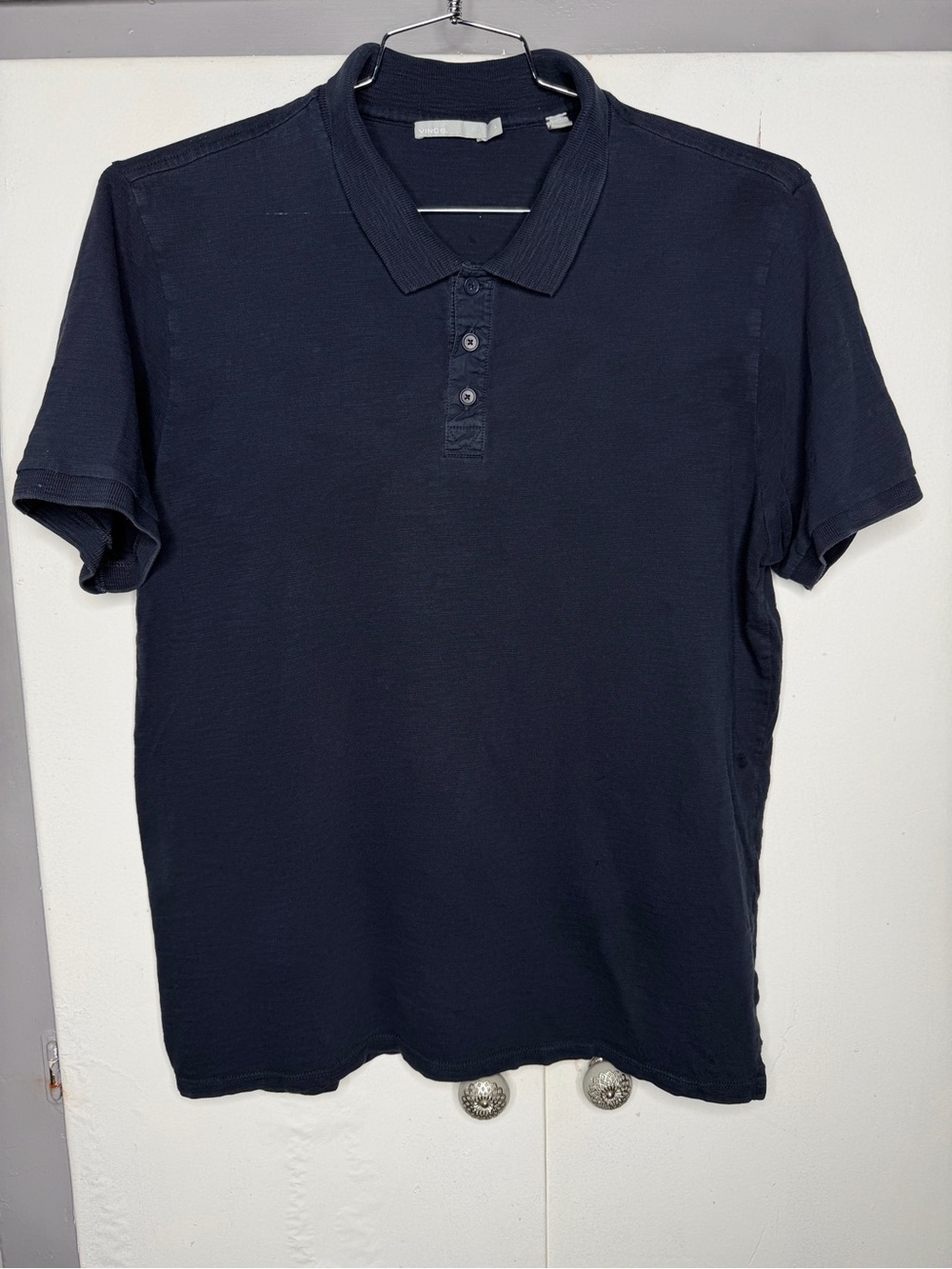 Vince Men's Short Sleeve Slub Cotton Polo Shirt Size Large Navy Blue Preppy